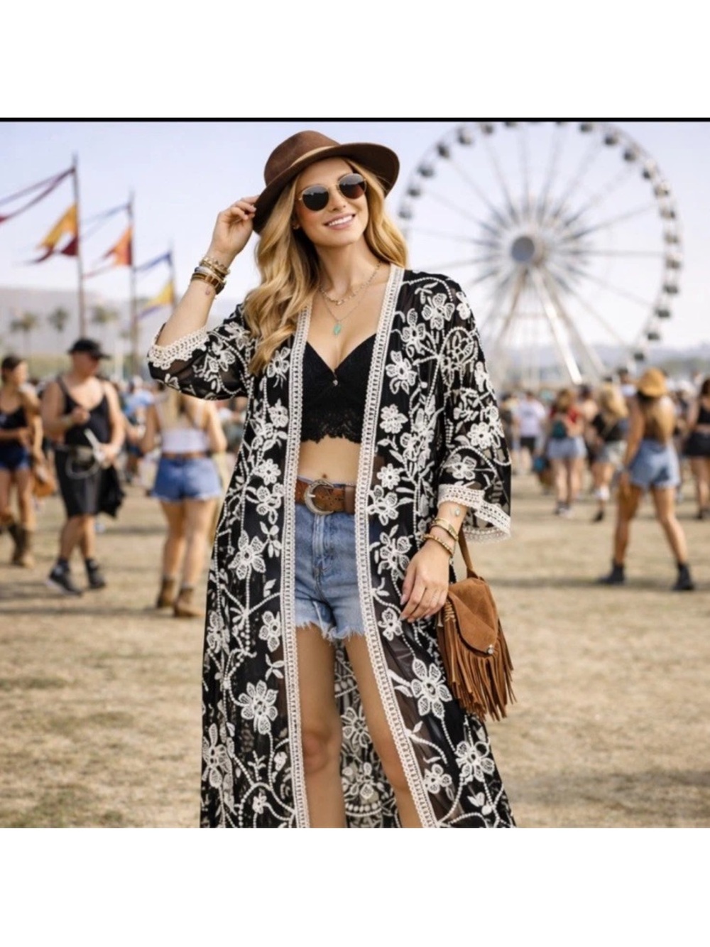 Woven Heart Black and White Embroidered Sheer Kimono